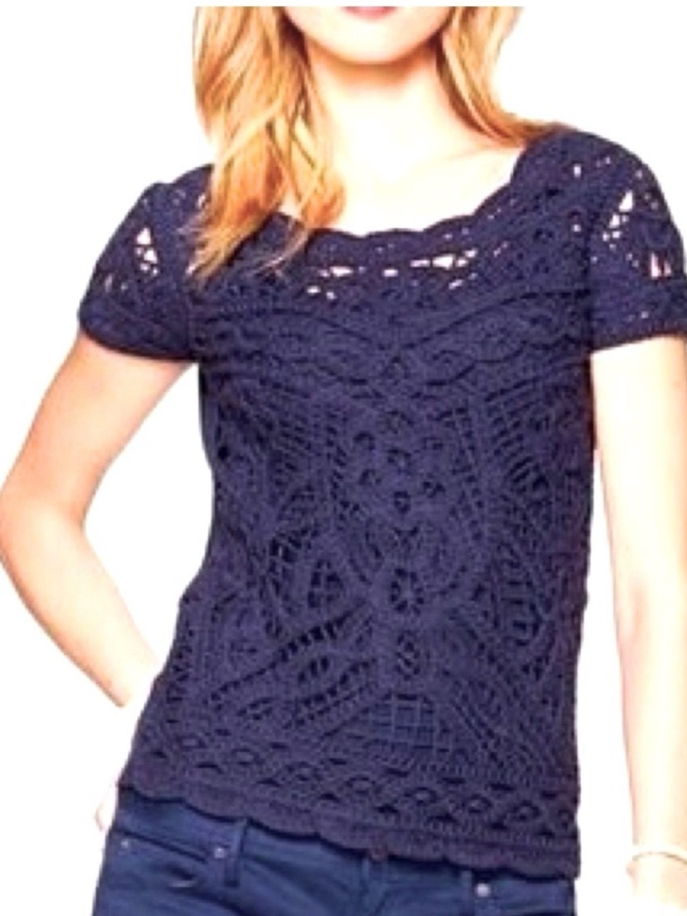 Lilly Pulitzer Jamie Crochet Short-Sleeve Sweater in Navy Blue Small